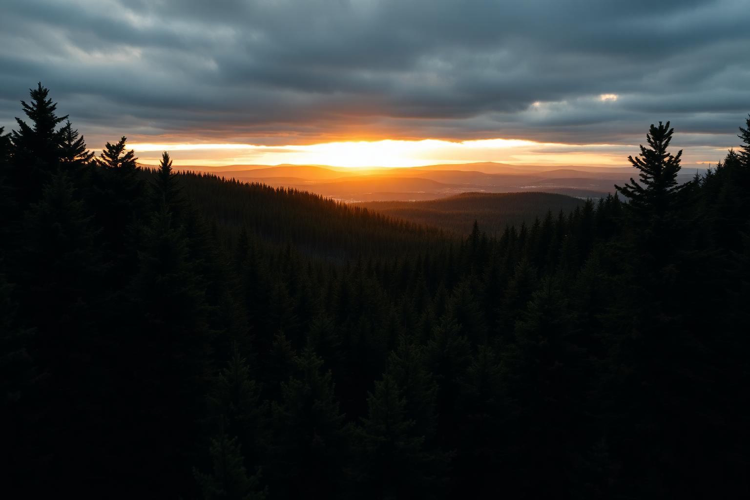 Sunrise breaking over a Michigan pine forest